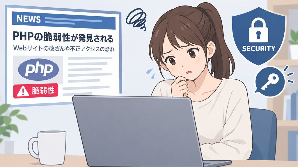 PHPの脆弱性についてのニュースを聞いて、パソコンの前で首を傾げたり少し不安そうに画面を見ている女性