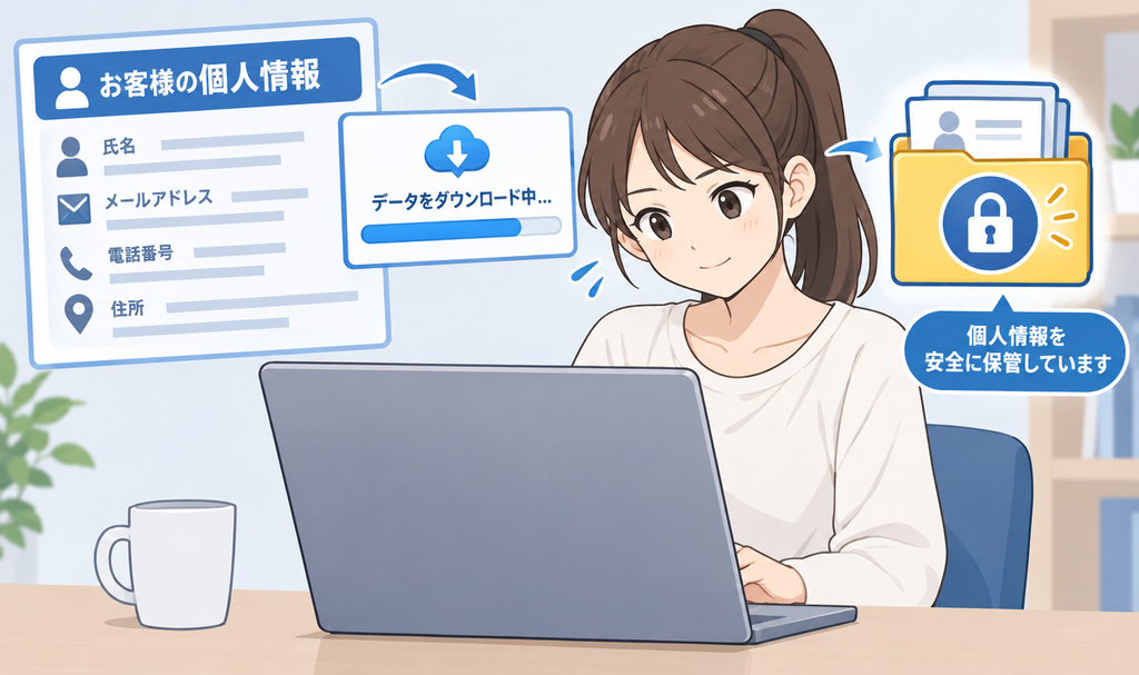 パソコンのフォルダへデータをダウンロードして鍵をかけて保管している様子